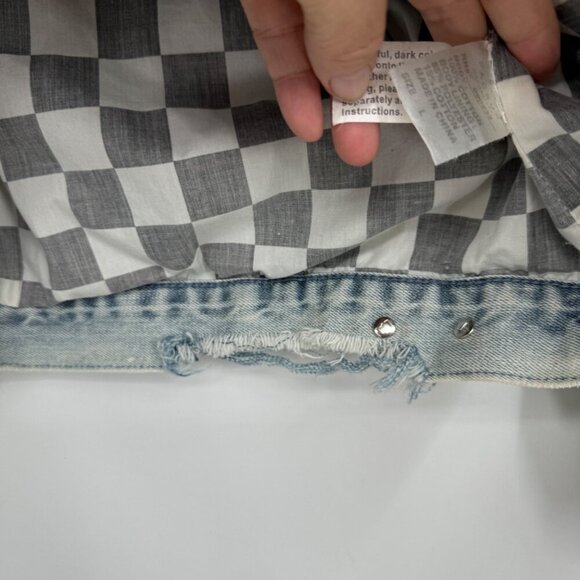 PacSun Jean Jacket Mens Medium Blue Distressed Checkered Patch Trucker Denim Siz - Picture 8 of 14